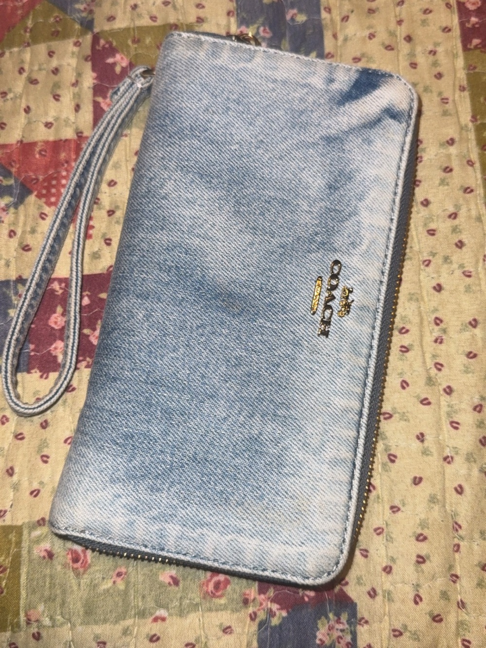 Coach Light Denim Zip Wristlet with Gold Logo